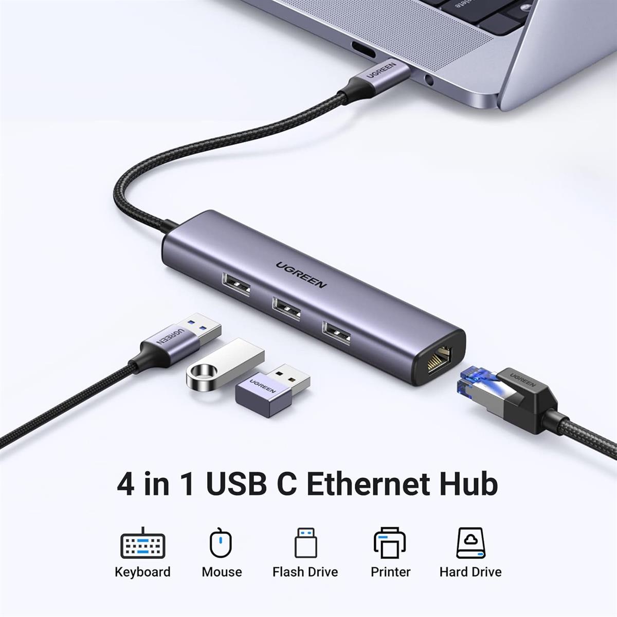 Ugreen USB-C to Ethernet Adapter, 4-in-1 USB C Hub Ethernet with 3 USB 3.0 Ports/Gigabit RJ45, Plug & Play, Thunderbolt (3/4) to Network Adapter for MacBook Pro/Air, XPS, iPad Pro, iPhone 15 Pro/Max - PakByte
