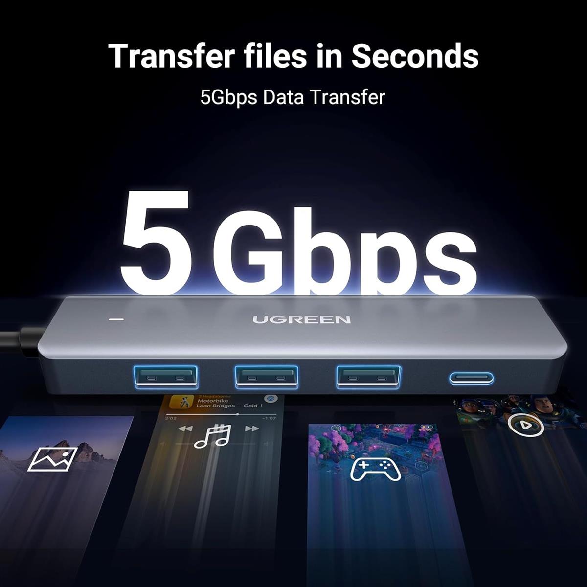 Ugreen USB Hub 4-Ports, USB to USB C & 3 USB A Multiport Adapter, 2ft Long Cable Powered USB 3.0 Hub with USB C Power Port for Laptop, Desktop, PS5, Xbox Series, and More USB Devices - PakByte