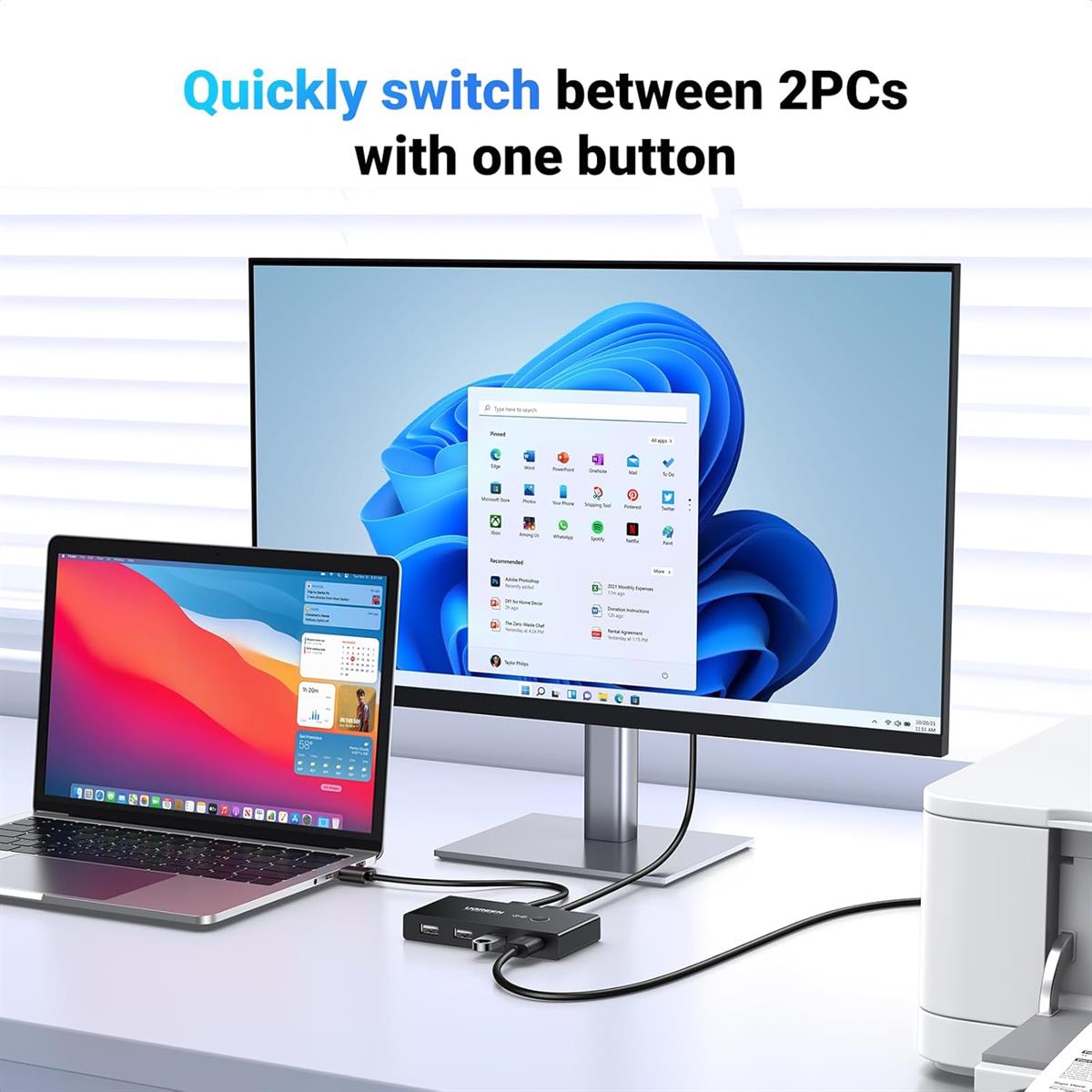 Ugreen USB Switch Selector: 2 Computers Sharing 4 USB Devices, USB 2.0, Peripheral Switcher Box Hub, for Mouse Keyboard Scanner Printer PCs, with One-Button Swapping and 2 Pack USB A to A Cable - PakByte