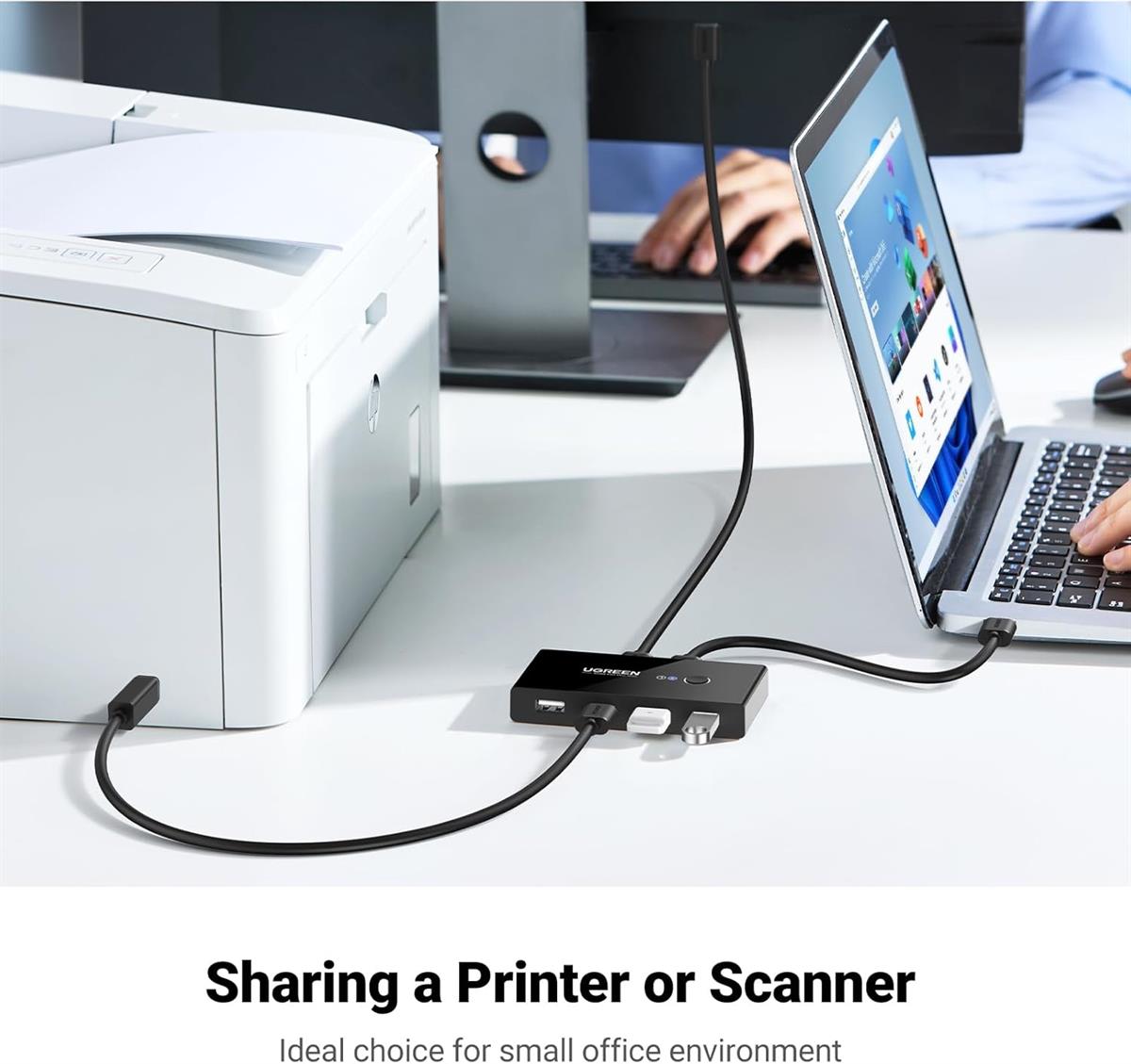 Ugreen USB Switch Selector: 2 Computers Sharing 4 USB Devices, USB 2.0, Peripheral Switcher Box Hub, for Mouse Keyboard Scanner Printer PCs, with One-Button Swapping and 2 Pack USB A to A Cable - PakByte