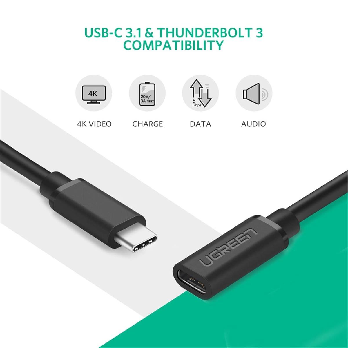 Ugreen USB Type C Extension Cable (10Gbps), USB 3.2 Type C Male to Female Fast Charging, Compatible with MacBook Pro iPad Pro Dell XPS Surface Switch DJI Mavic Dongle Hub, 1m - PakByte