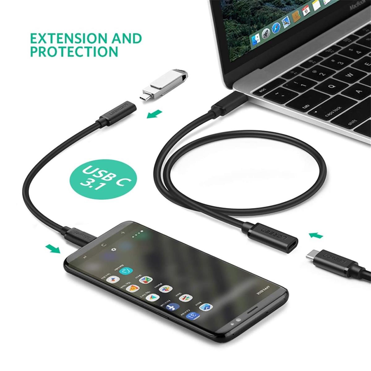 Ugreen USB Type C Extension Cable (10Gbps), USB 3.2 Type C Male to Female Fast Charging, Compatible with MacBook Pro iPad Pro Dell XPS Surface Switch DJI Mavic Dongle Hub, 1m - PakByte