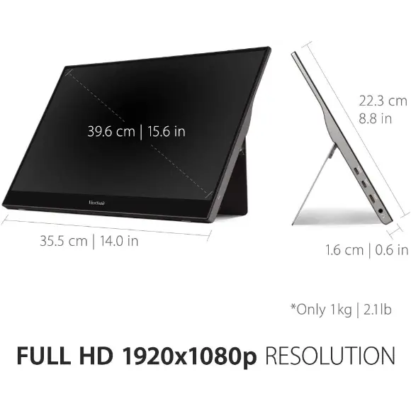 ViewSonic TD1655 15.6 Inch 1080p Portable Monitor with IPS Touchscreen, 2 Way Powered 60W USB C, Built in Stand with Cover - PakByte Computers