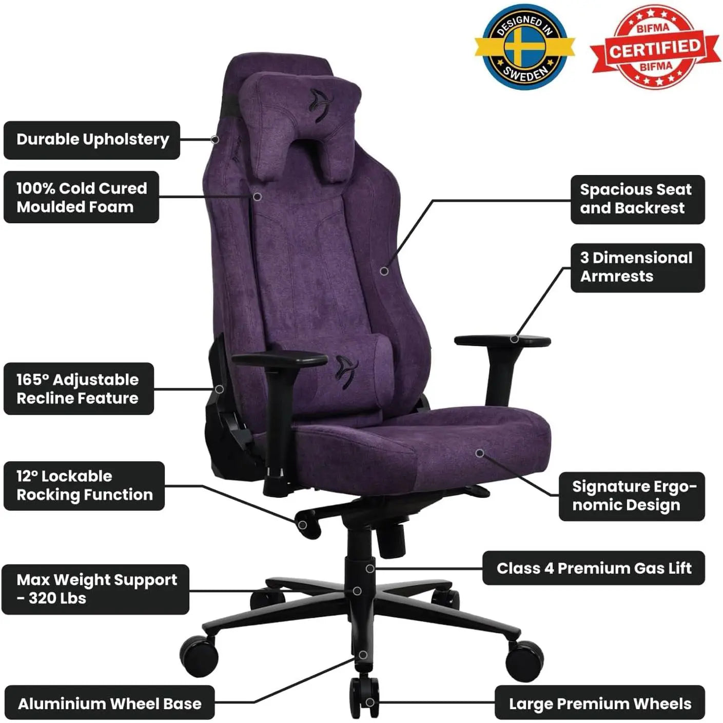 Arozzi Vernazza Soft Fabric Durable Ergonomic Office and Gaming Chair - Purple - PakByte Computers