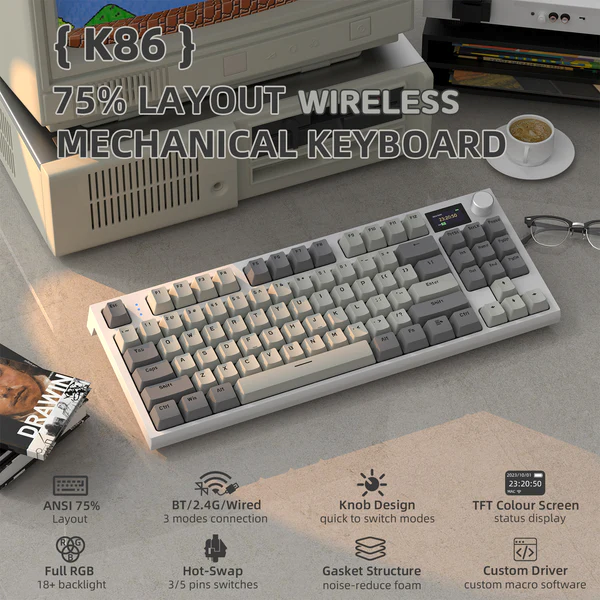 Attack Shark K86 Wireless Mechanical Keyboard - Retro Grey - PakByte Computers