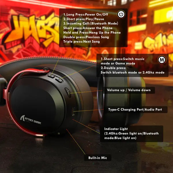 Attack Shark L30 Pro Wireless Gaming Headset - Black/Red