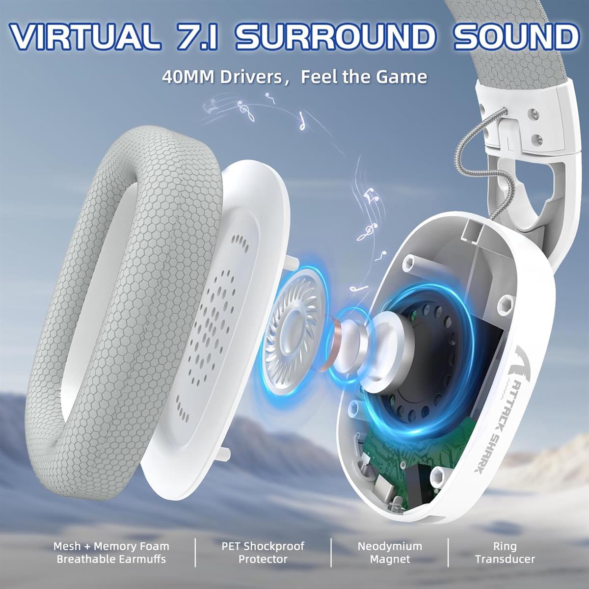 Attack Shark L90 Ultralight RGB Wireless Gaming Headset - White