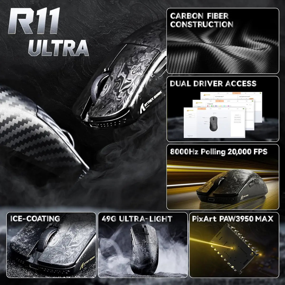 Attack Shark R11 Ultra 8K Carbon Fiber Wireless Gaming Mouse - Black Ink