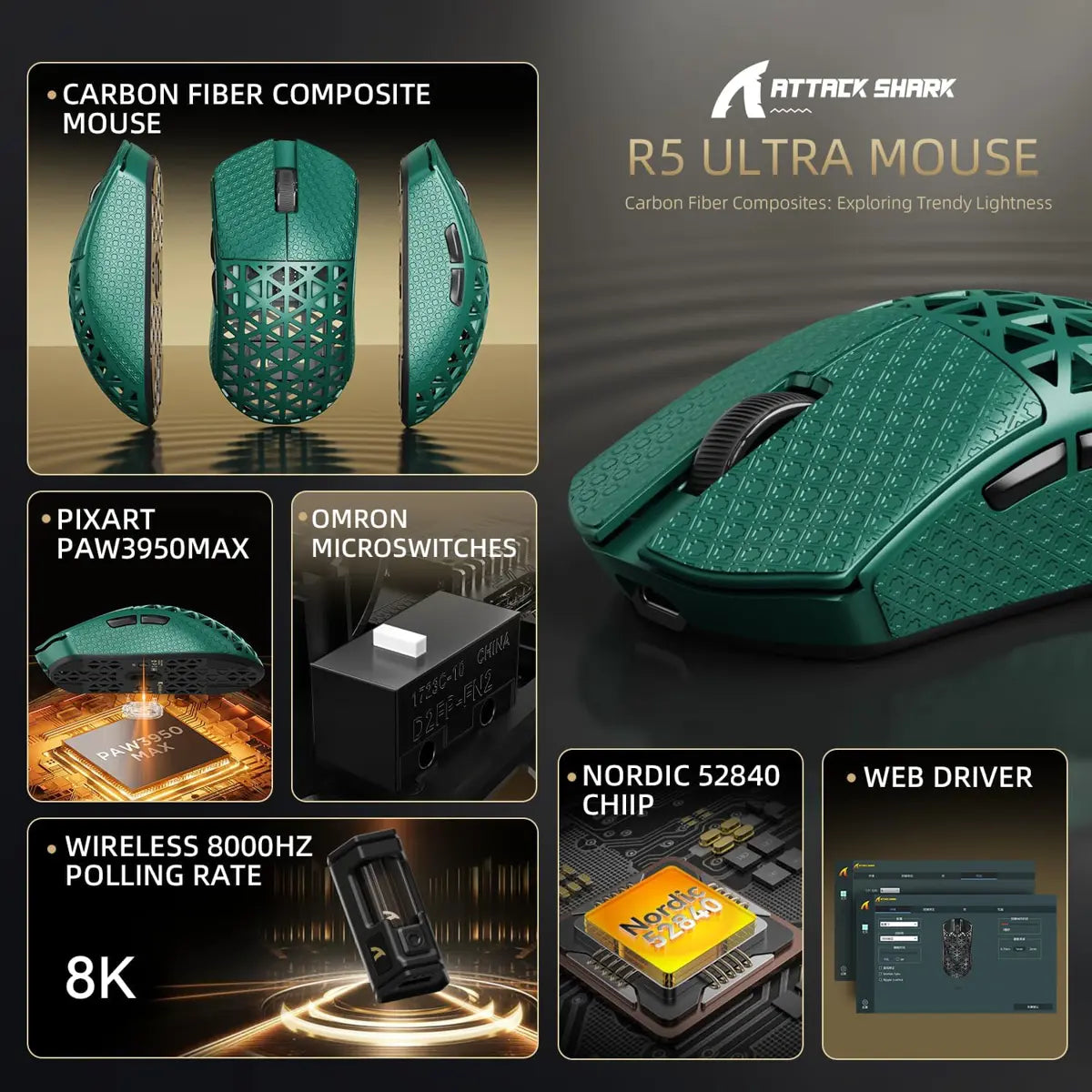 Attack Shark R5 Ultra 8K Carbon Fiber Wireless Gaming Mouse - Green
