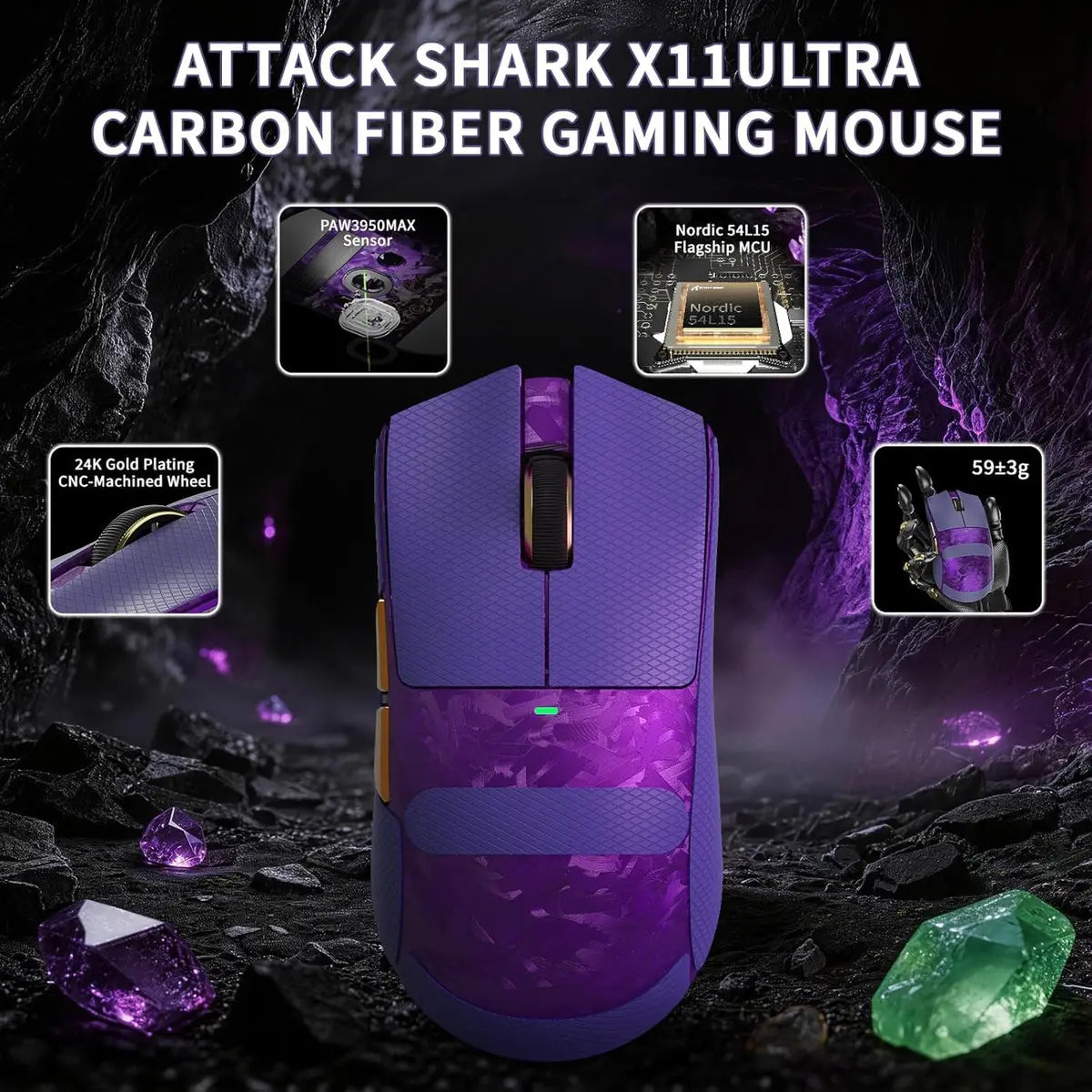 Attack Shark X11 Ultra 8K Carbon Fiber Wireless Gaming Mouse - Purple