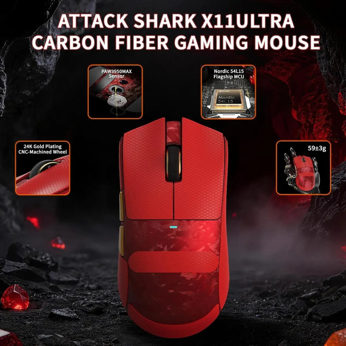 Attack Shark X11 Ultra 8K Carbon Fiber Wireless Gaming Mouse - Red
