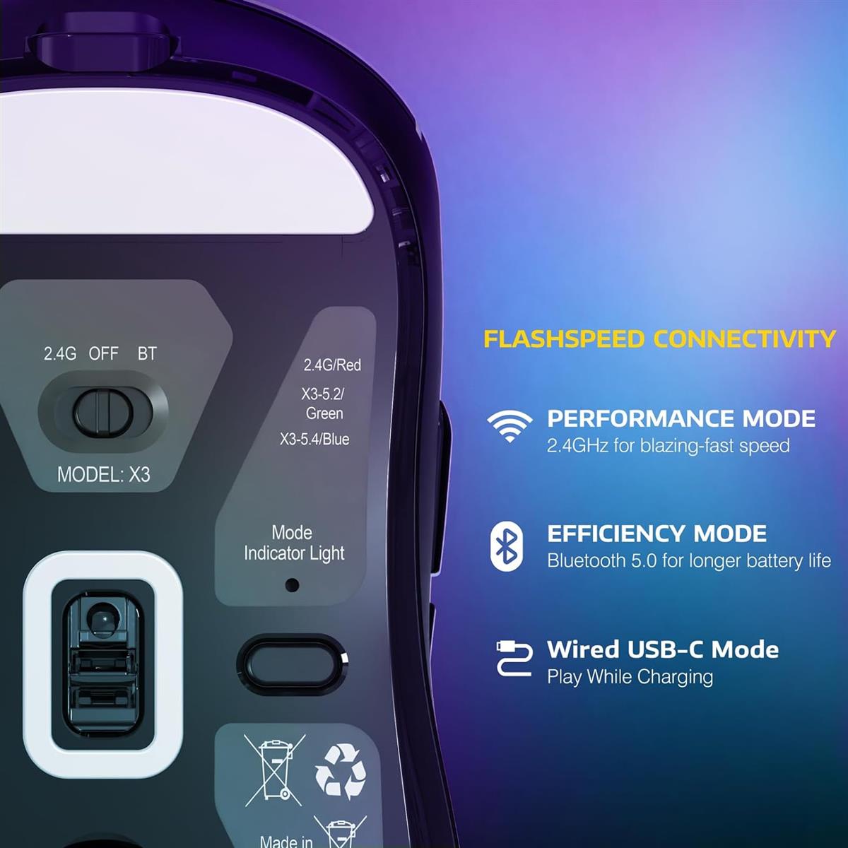 Attack Shark X3 49g Tri-Mode Lightweight Wireless Gaming Mouse - Black