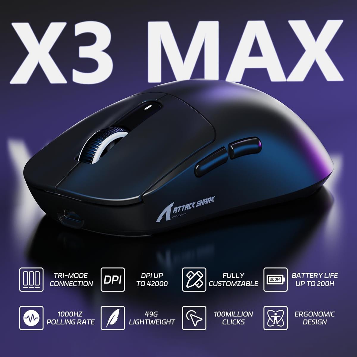 Attack Shark X3 Max Wireless Gaming Mouse - Black - PakByte Computers