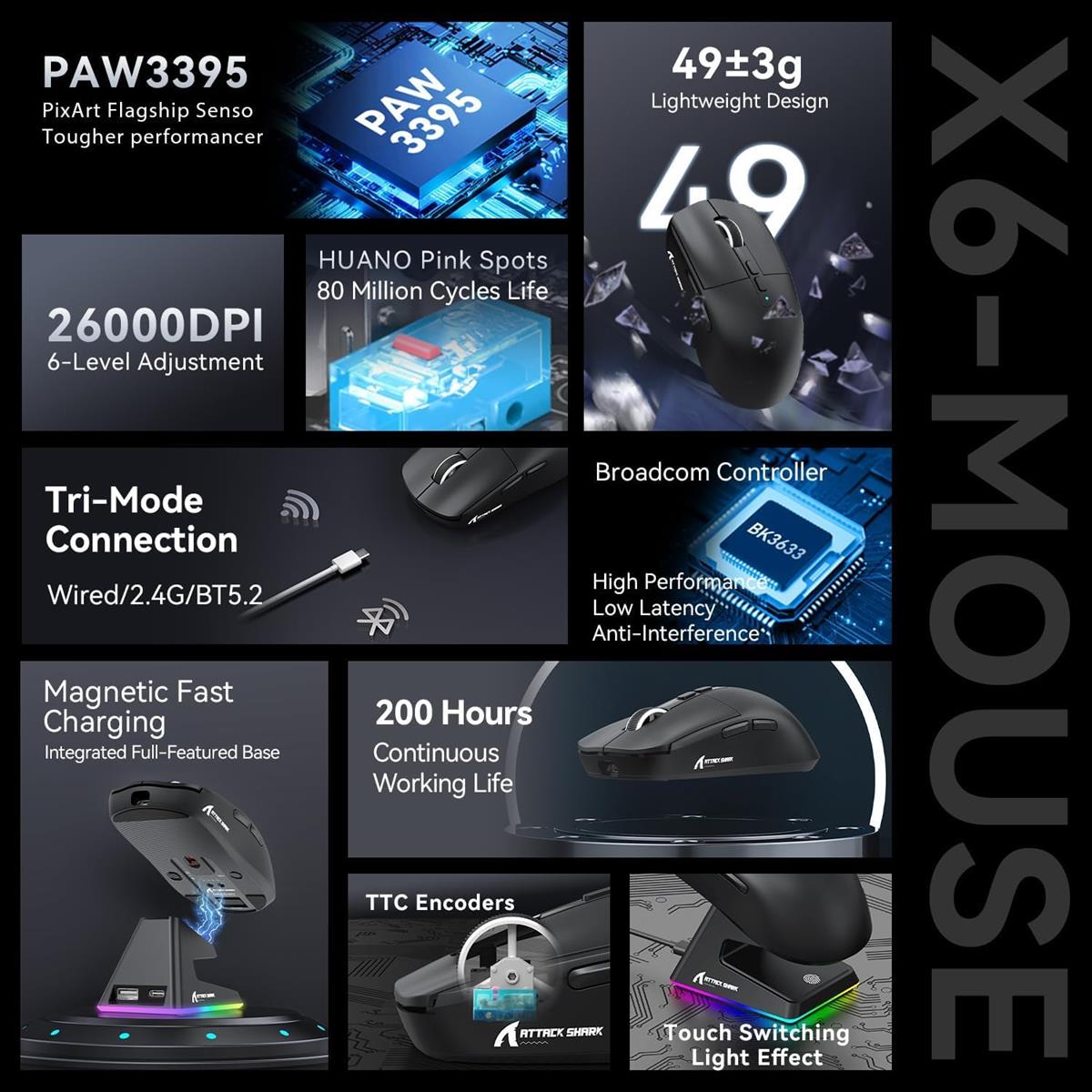 Attack Shark X6 Wireless Gaming Mouse - Black - PakByte Computers