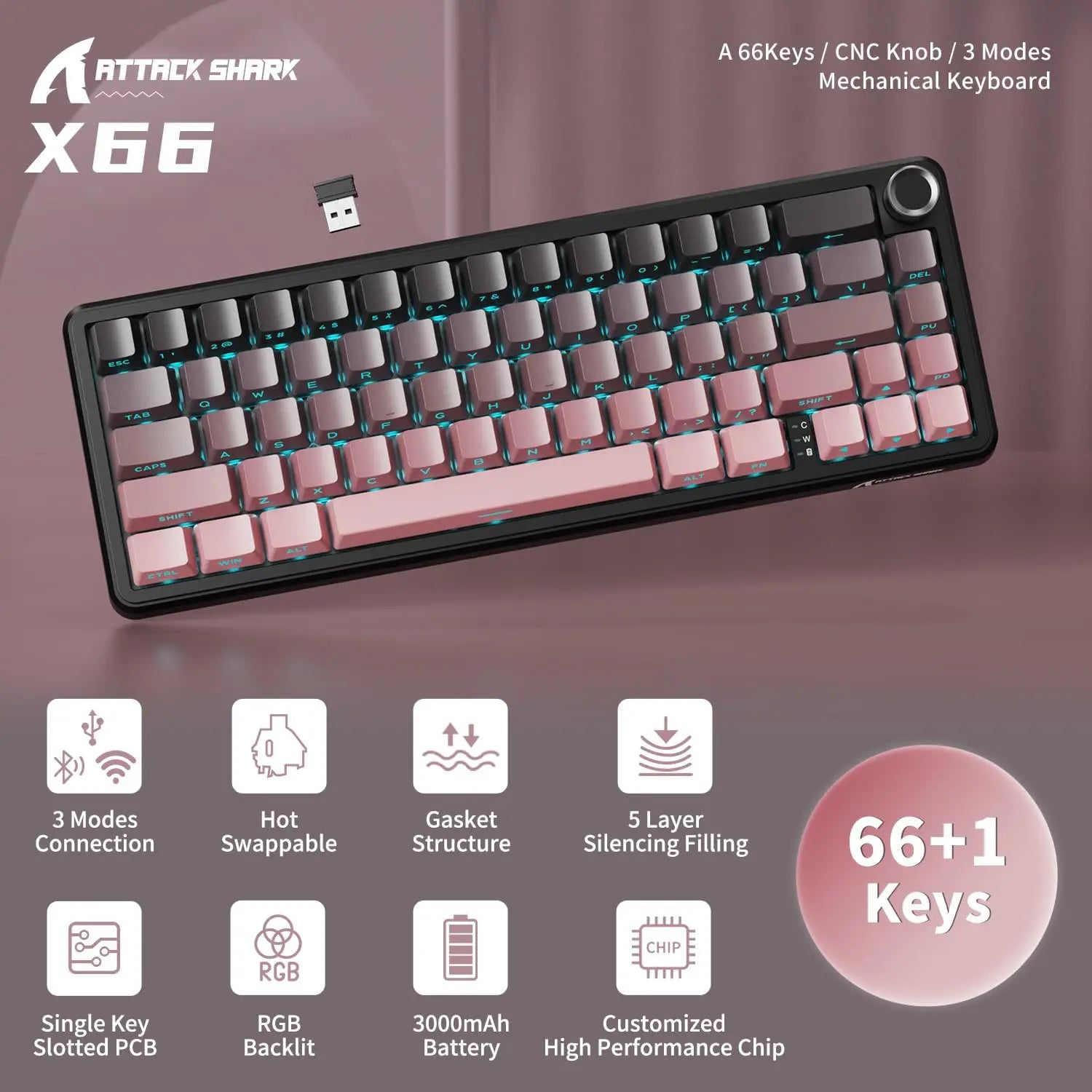 Attack Shark X66 Wireless Mechanical Gaming Keyboard - Blackberry