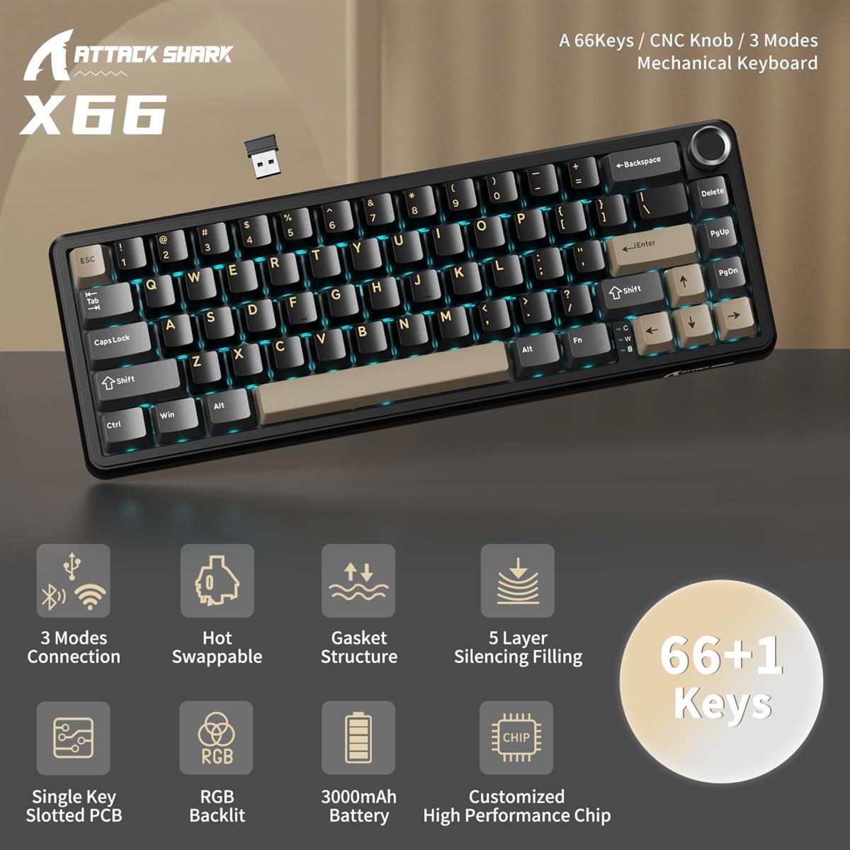 Attack Shark X66 Wireless Mechanical Gaming Keyboard - Star Black - PakByte Computers