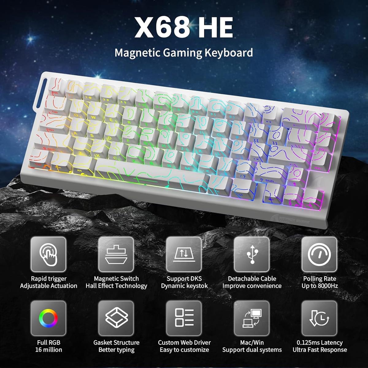 Attack Shark X68 HE 60% Wired Gaming Keyboard - White Contours - PakByte Computers