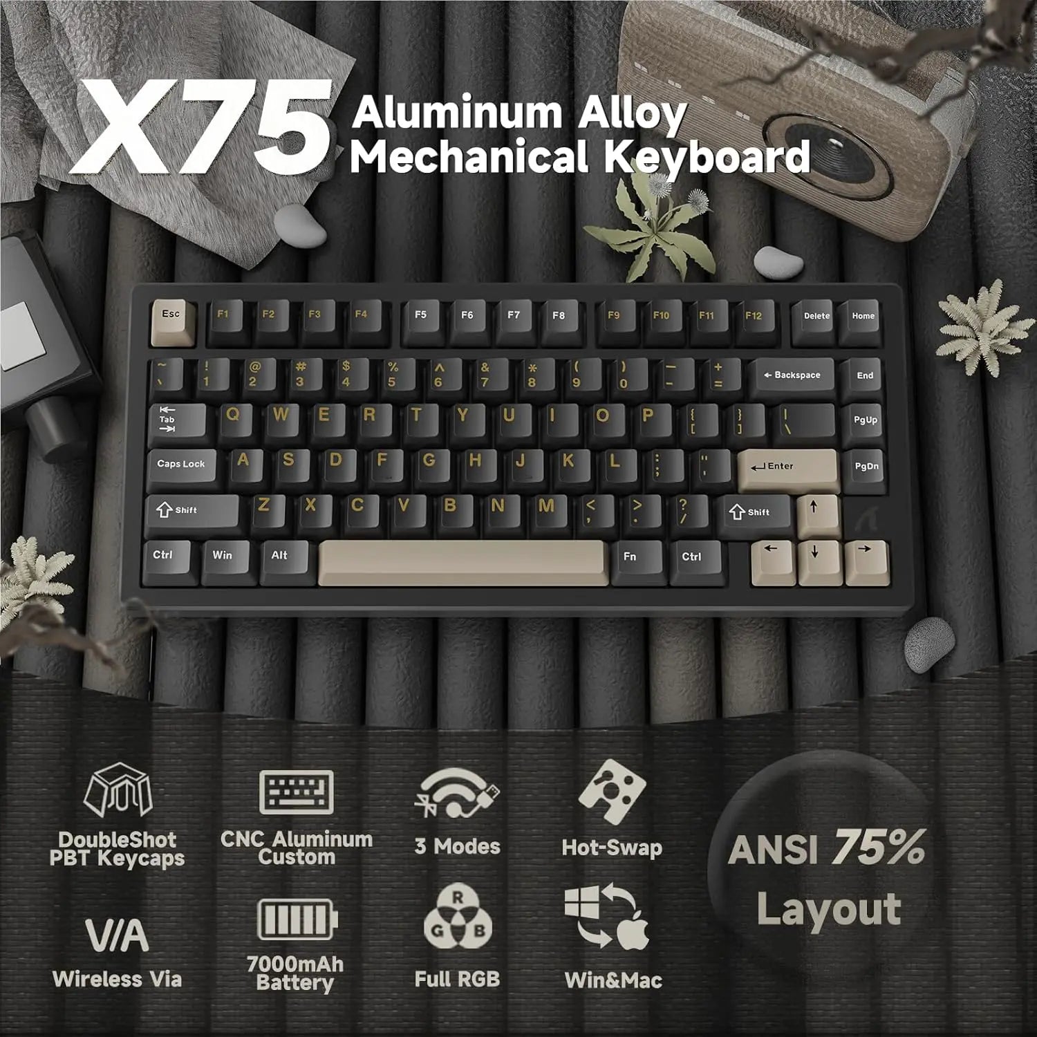 Attack Shark X75 Aluminum CNC Wireless Gaming Keyboard - Black - PakByte Computers