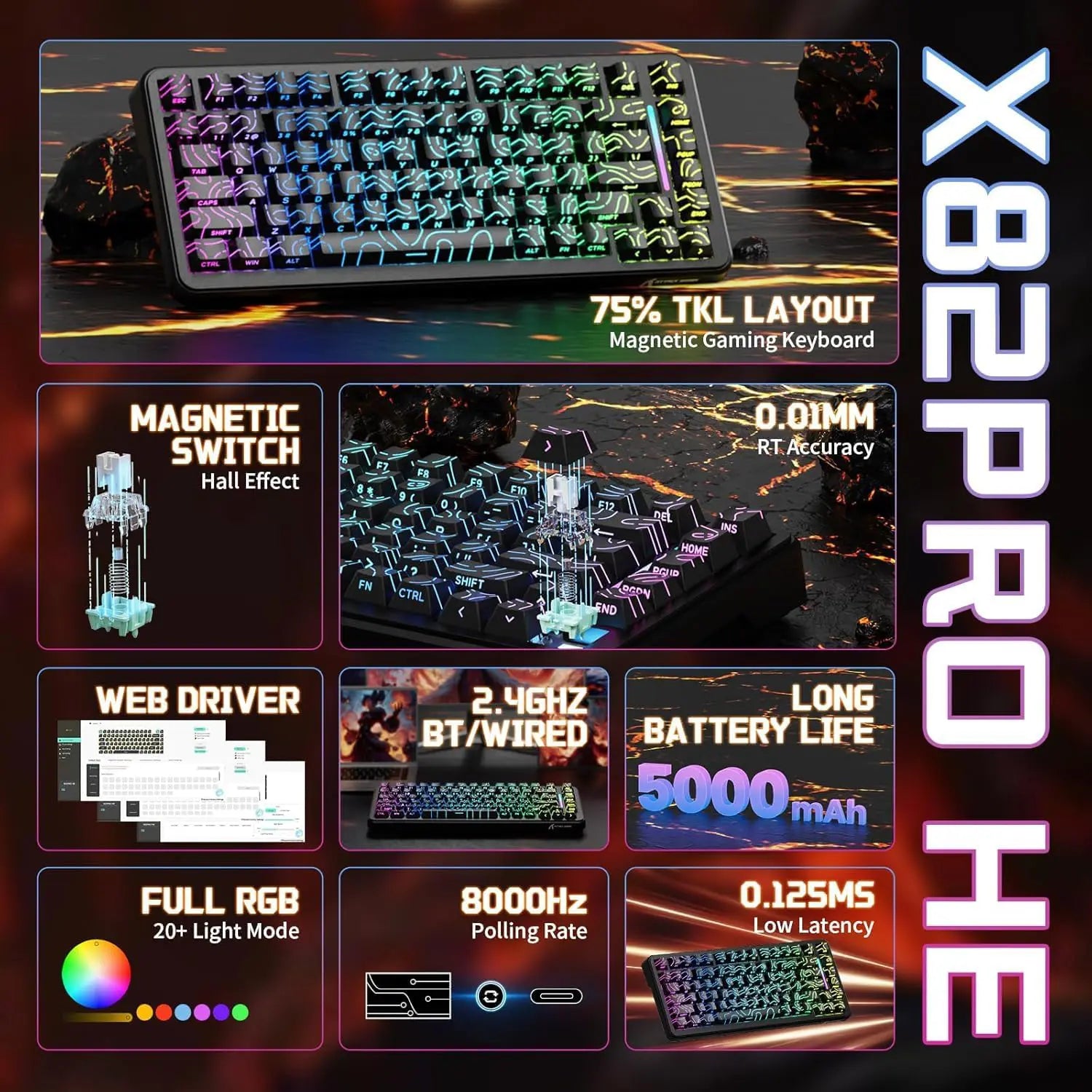 Attack Shark X82 Pro HE Wireless Gaming Keyboard - Black Contour - PakByte Computers