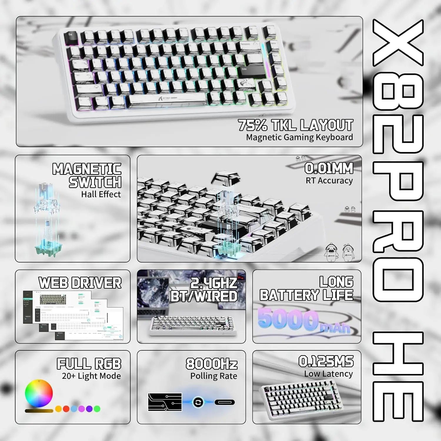 Attack Shark X82 Pro HE Wireless Rapid Trigger RGB Mechanical Gaming Keyboard - White Comic