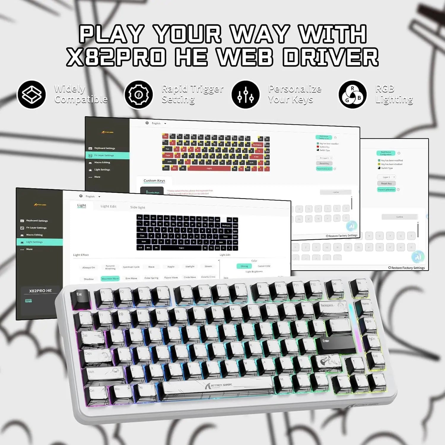 Attack Shark X82 Pro HE Wireless Rapid Trigger RGB Mechanical Gaming Keyboard - White Comic