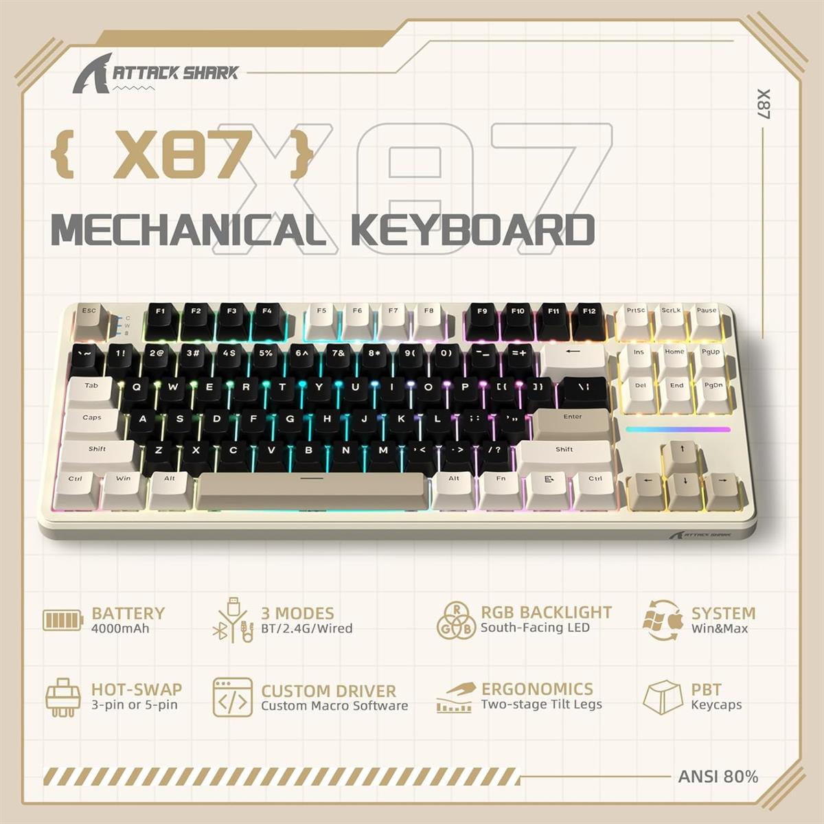 Attack Shark X87 Wireless Keyboard - Cheese White - PakByte Computers