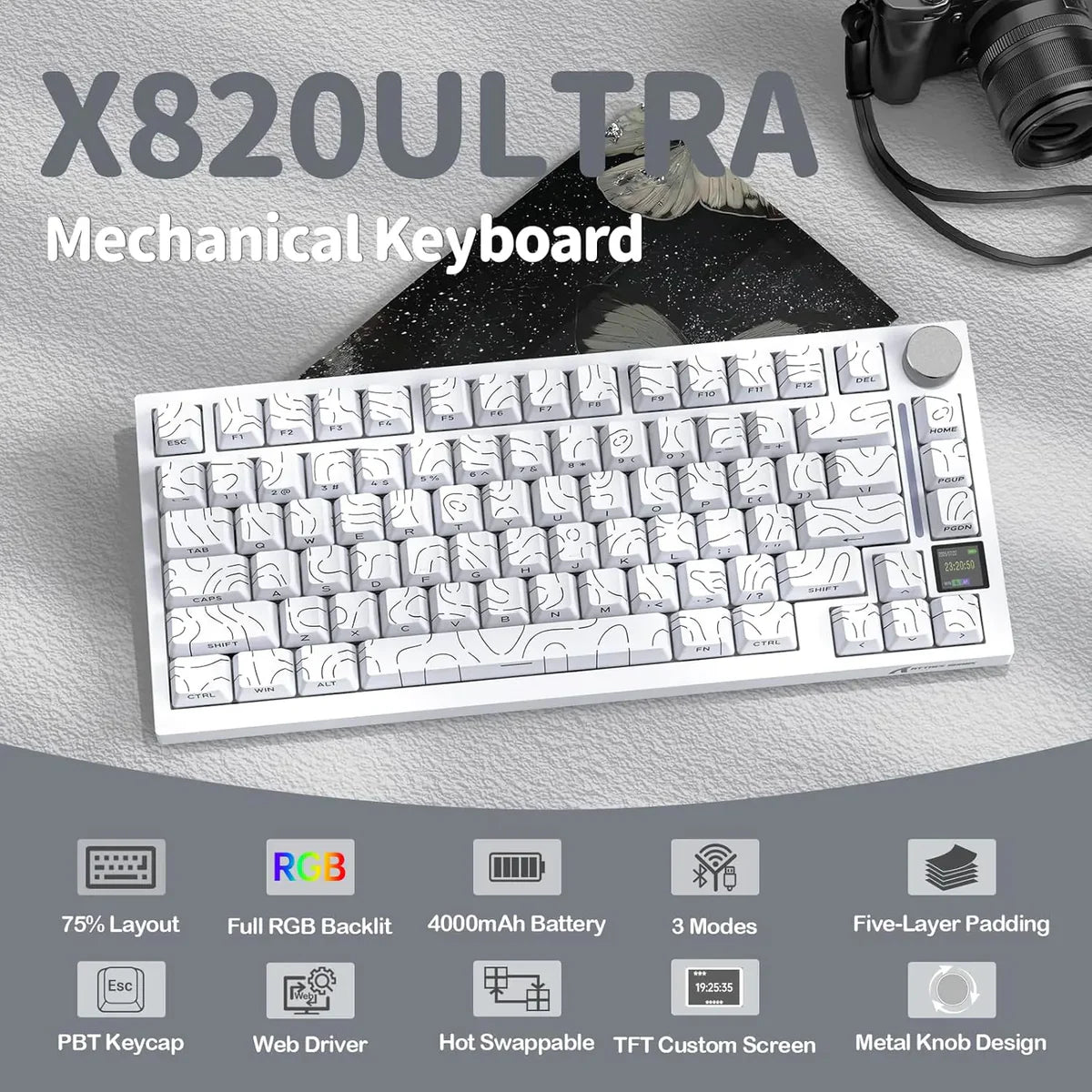 Attack Shark X820 Ultra 75% Wireless Gaming Mechanical Keyboard – Contour White - Gift Switch