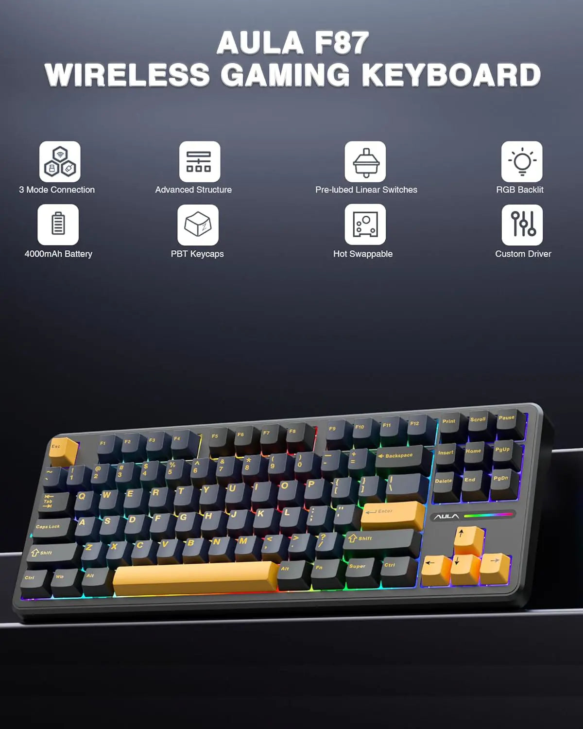 Aula F87 Wireless Mechanical 75% TKL Custom Hot Swappable Gaming Keyboards - Star Black
