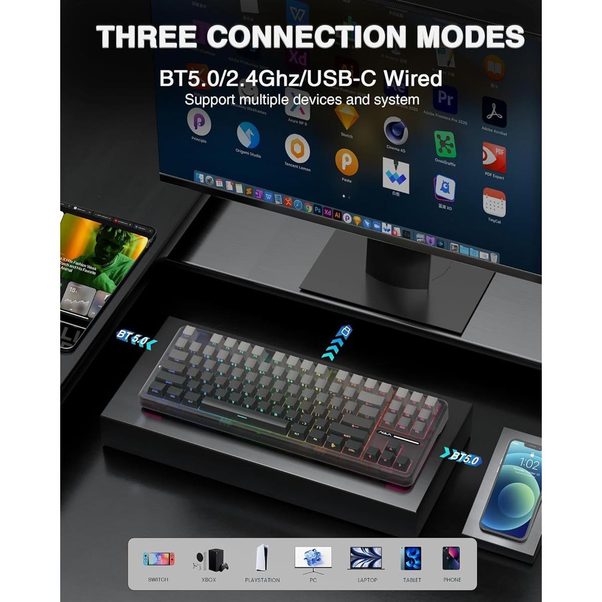 Aula F87 Pro Wireless Mechanical Tri-Mode Gasket Hot Swappable Custom Keyboard - Gradient Gray - PakByte Computers