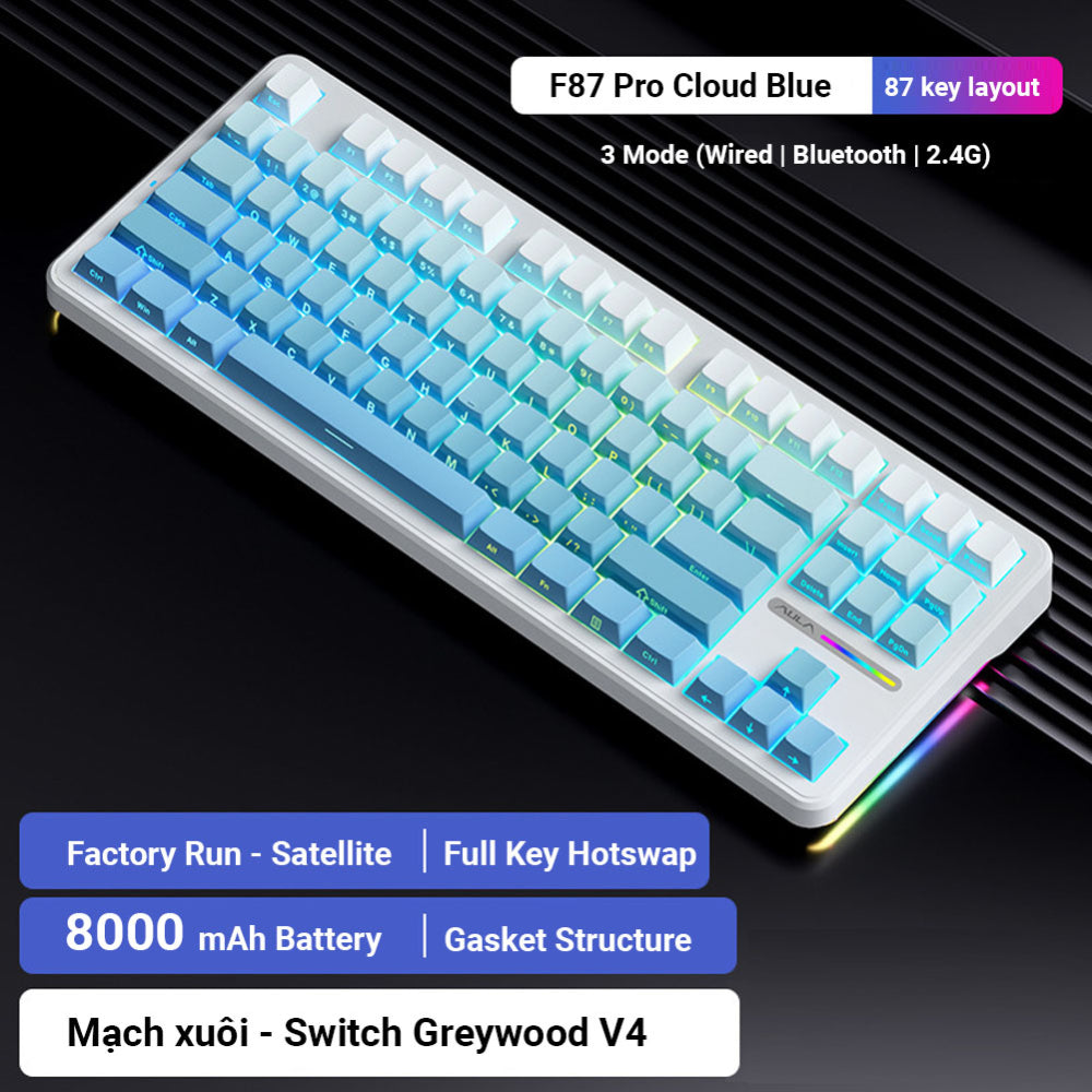 AULA F87 Pro Wireless Mechanical 80% Gasket Hot Swappable Custom Keyboard – Gradient Blue