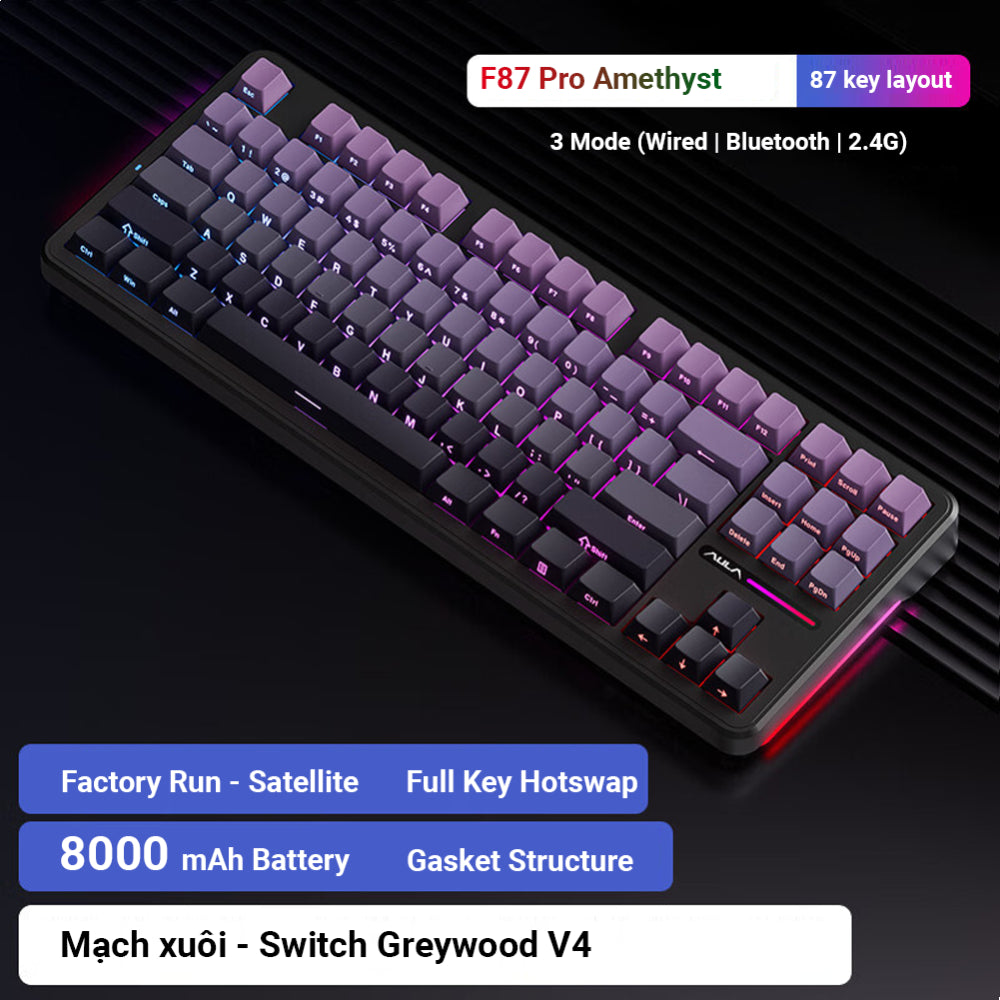 AULA F87 Pro Wireless Mechanical 80% Gasket Hot Swappable Custom Keyboard – Gradient Purple