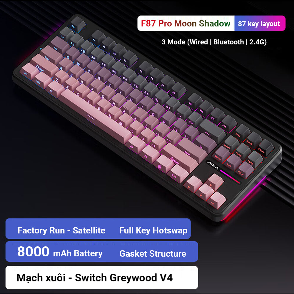 AULA F87 Pro Wireless Mechanical 80% Gasket Hot Swappable Custom Keyboard – Gradient Pink