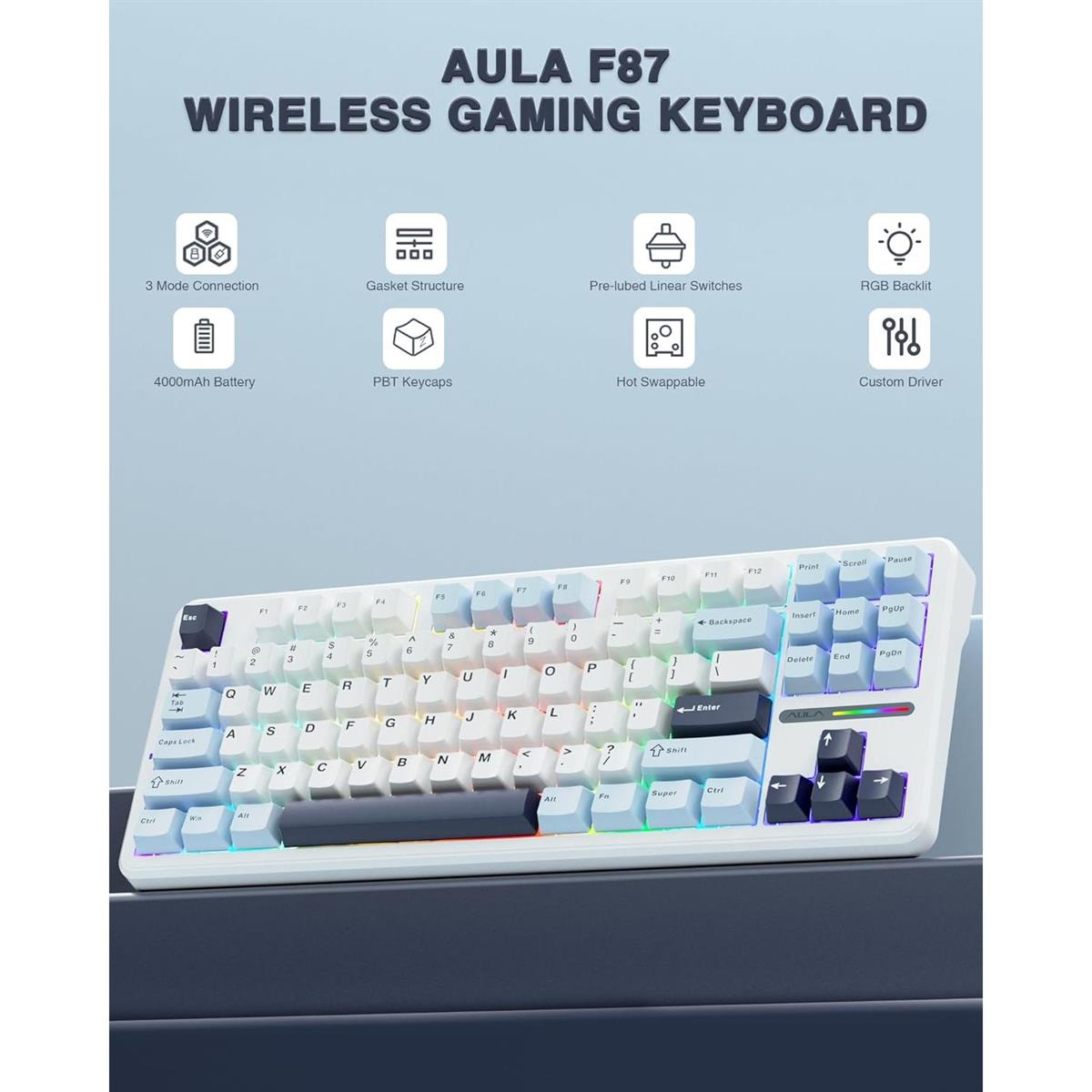 Aula F87 Wireless 75% TKL Custom Hot Swappable Keyboard - Glacier Blue - PakByte Computers