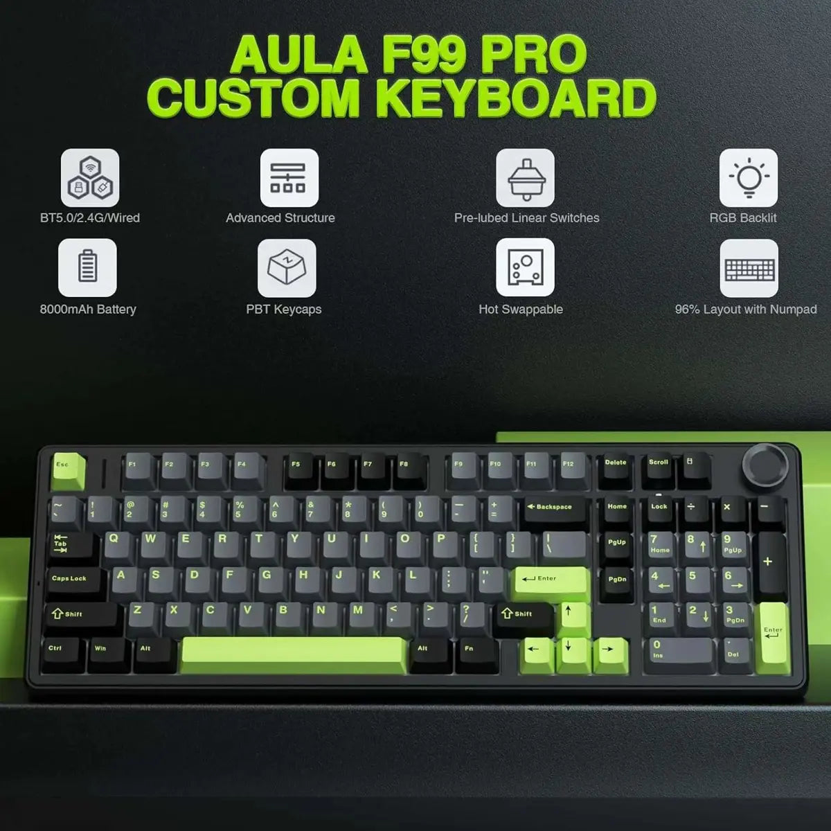 Aula F99 PRO Wireless Gaming Hot Swappable Creamy Keyboard - Thunder Black