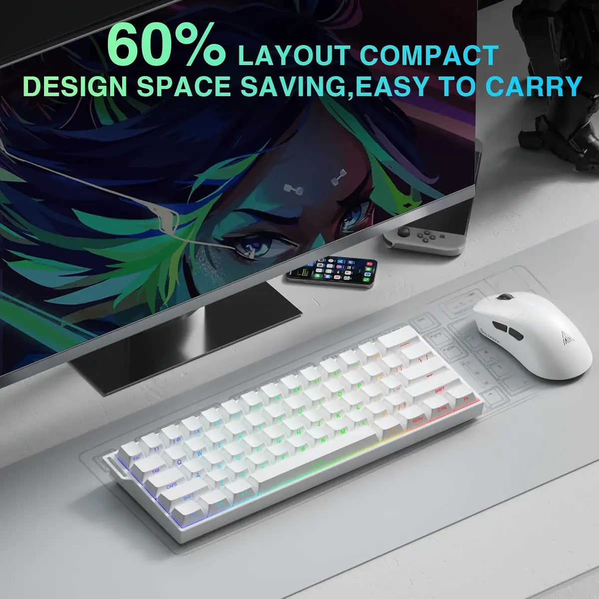 Aula MINI60 Wireless Gaming Keyboard - White - Smoky Cloud Magnetic Switches