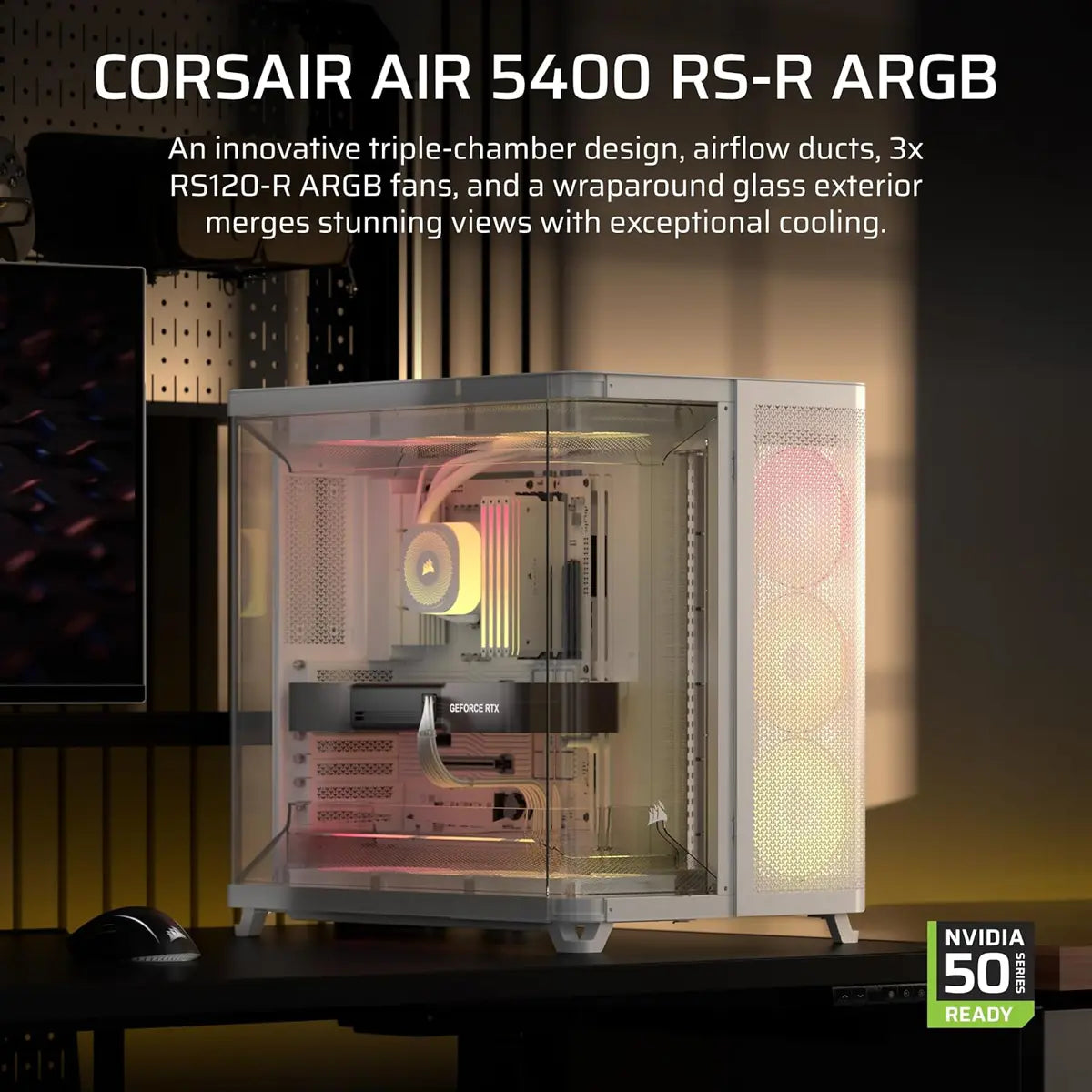 Corsair Air 5400 RS-R ARGB Triple-Chamber Mid-Tower Panoramic PC Case - White