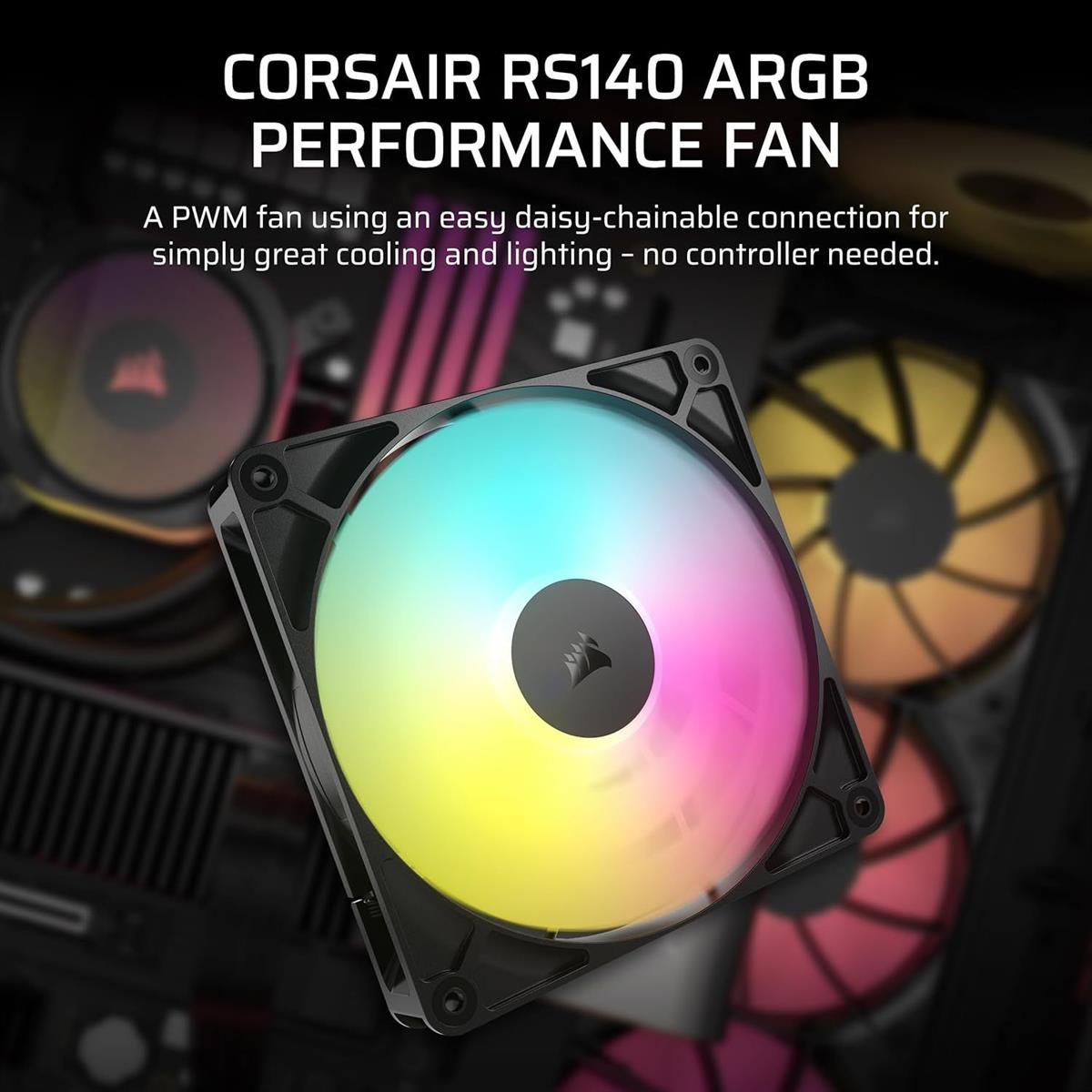 Corsair RS140 ARGB 140mm PWM Fan, Daisy-Chain Connection, Low-Noise, Magnetic Dome Bearing – Single Pack (Black) - PakByte