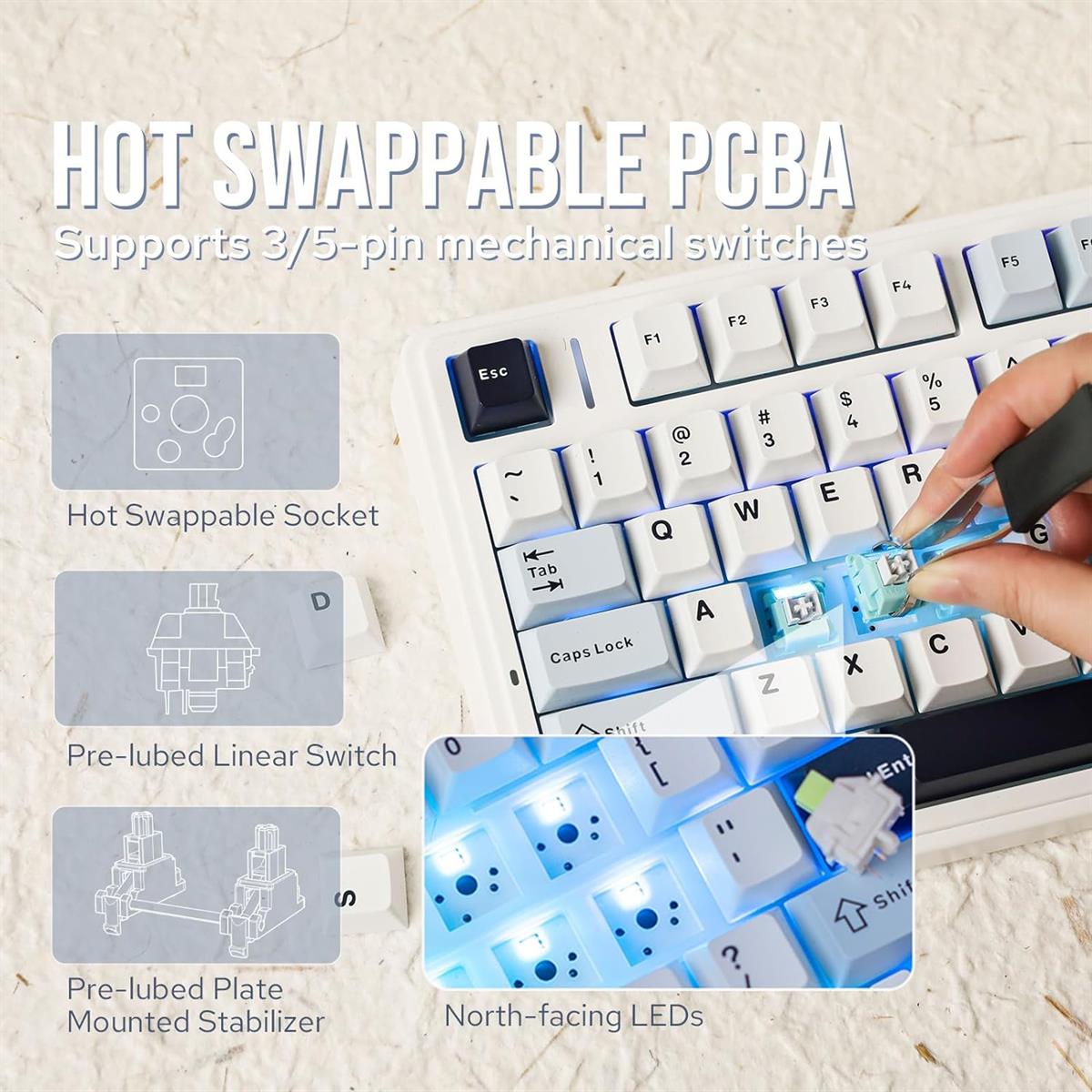 Aula F75 Gasket 75% Wireless Hot Swappable Gaming Keyboard - Light Blue (LEOBOG Reaper Switch) - PakByte Computers