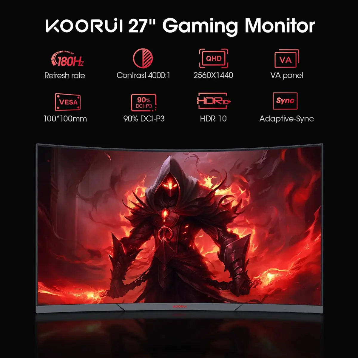 Koorui 27E6QCA 27 Inch 180hz Curved Gaming Monitor, QHD (2560 x 1440) 1ms VA 1500R Display