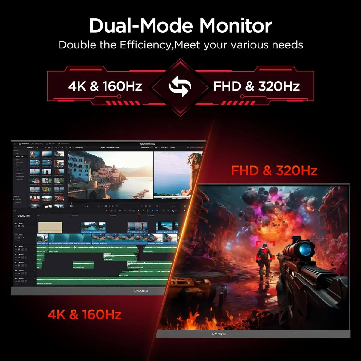 Koorui G2741L 27 Inch 4k, 1ms, Dual Mode (4K 160Hz / FHD 320Hz) IPS Gaming Monitor