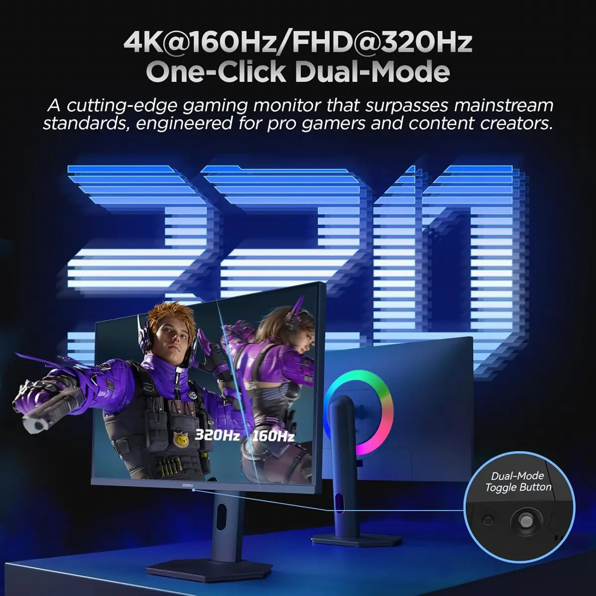 Koorui S2741LM 27" 4K QD-Mini LED Gaming Monitor - Dual-Mode (UHD 160Hz or FHD 320Hz), 1ms
