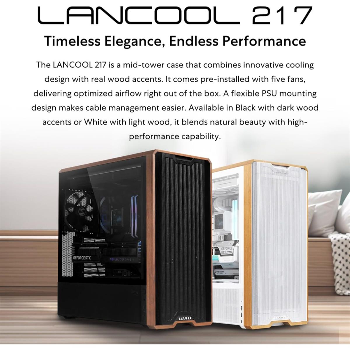Lian Li Lancool 217 Genuine Walnut Wood Computer Case - White