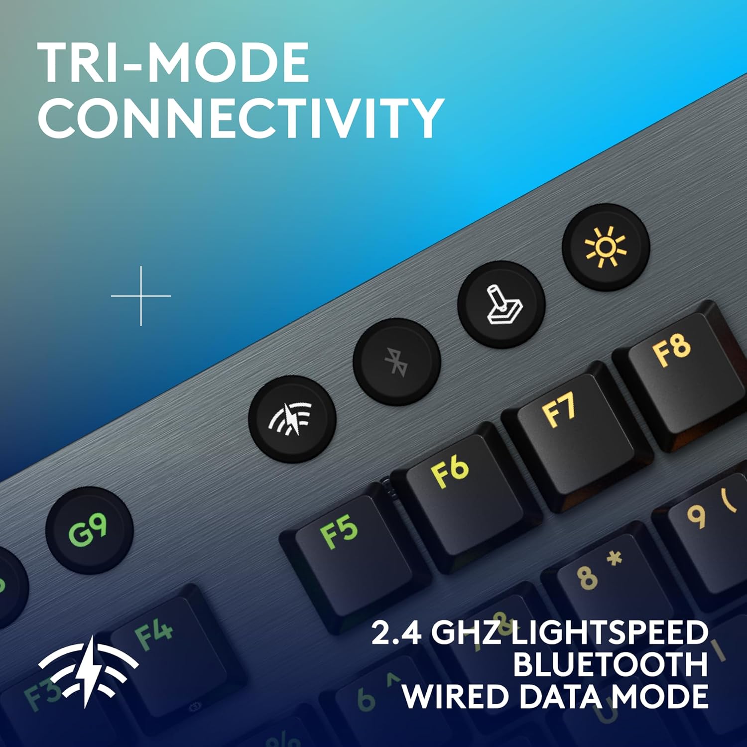 Keyboard with connectivity buttons labeled for different modes on a blue gradient background