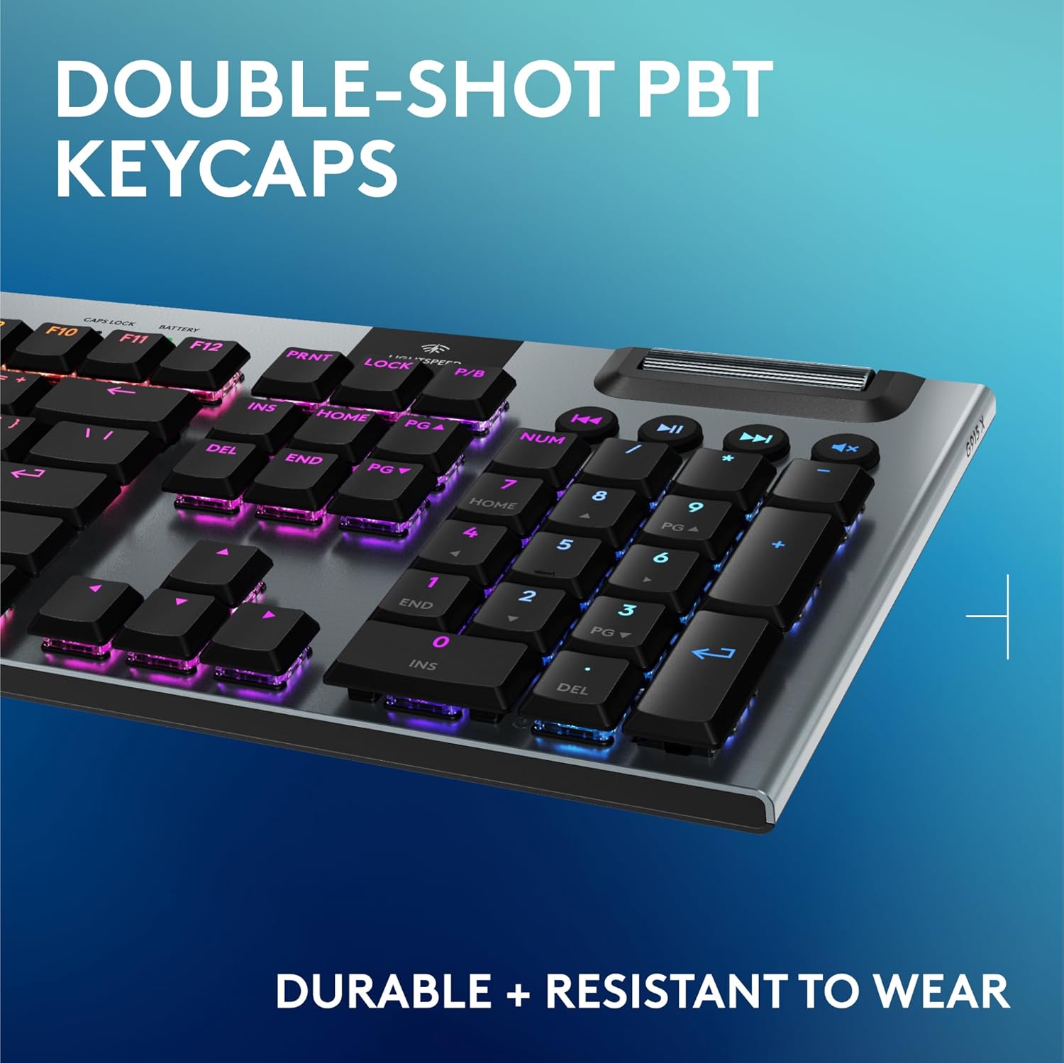 Mechanical keyboard with double-shot PBT keycaps on a blue background