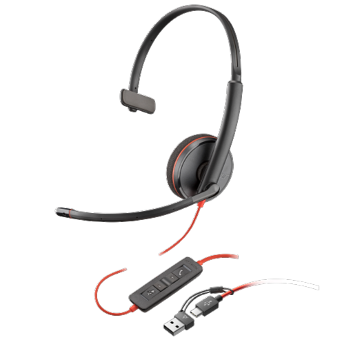 Poly Blackwire 3210 Monaural USB-C Headset + USB-C/A Adapter - PakByte Computers