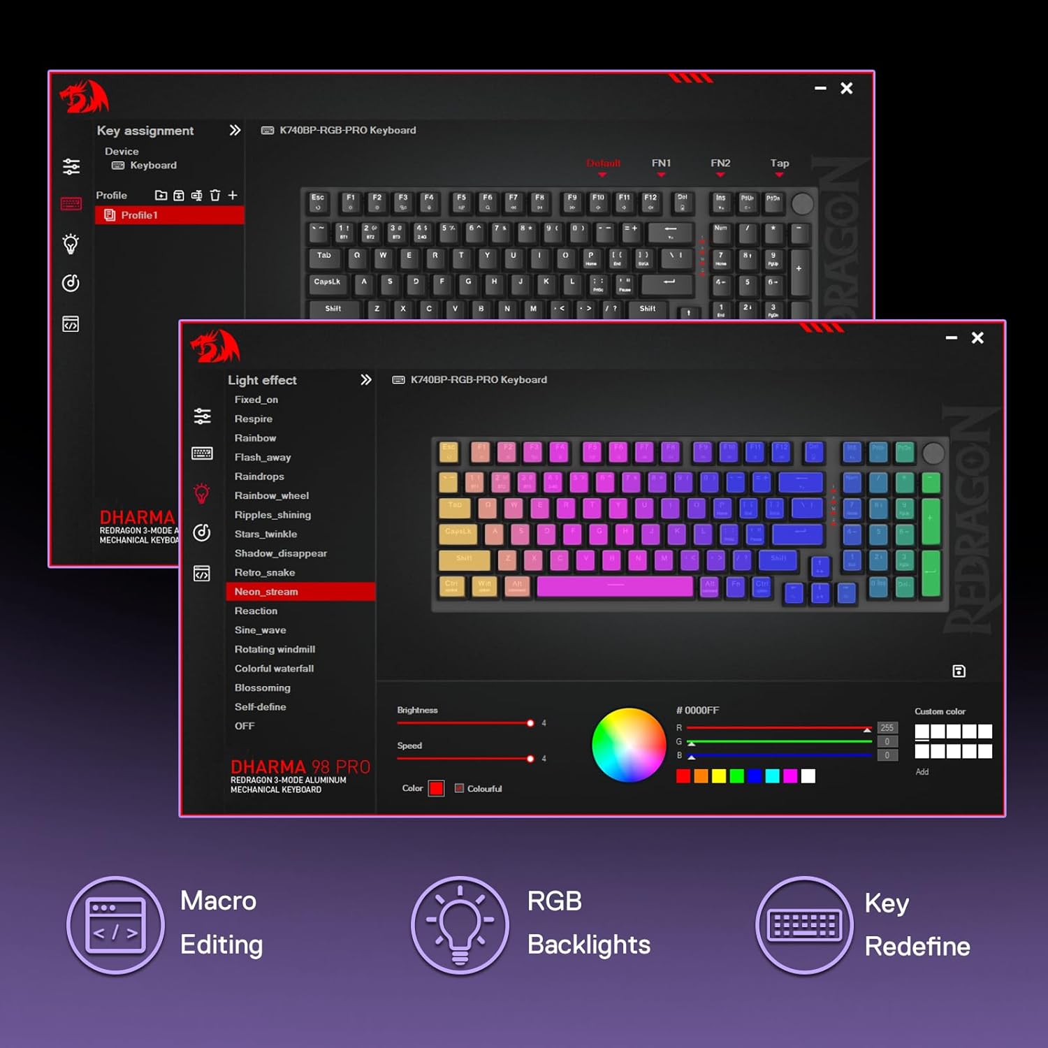 Redragon K740 Wired RGB Gaming Keyboard - Purple Rain