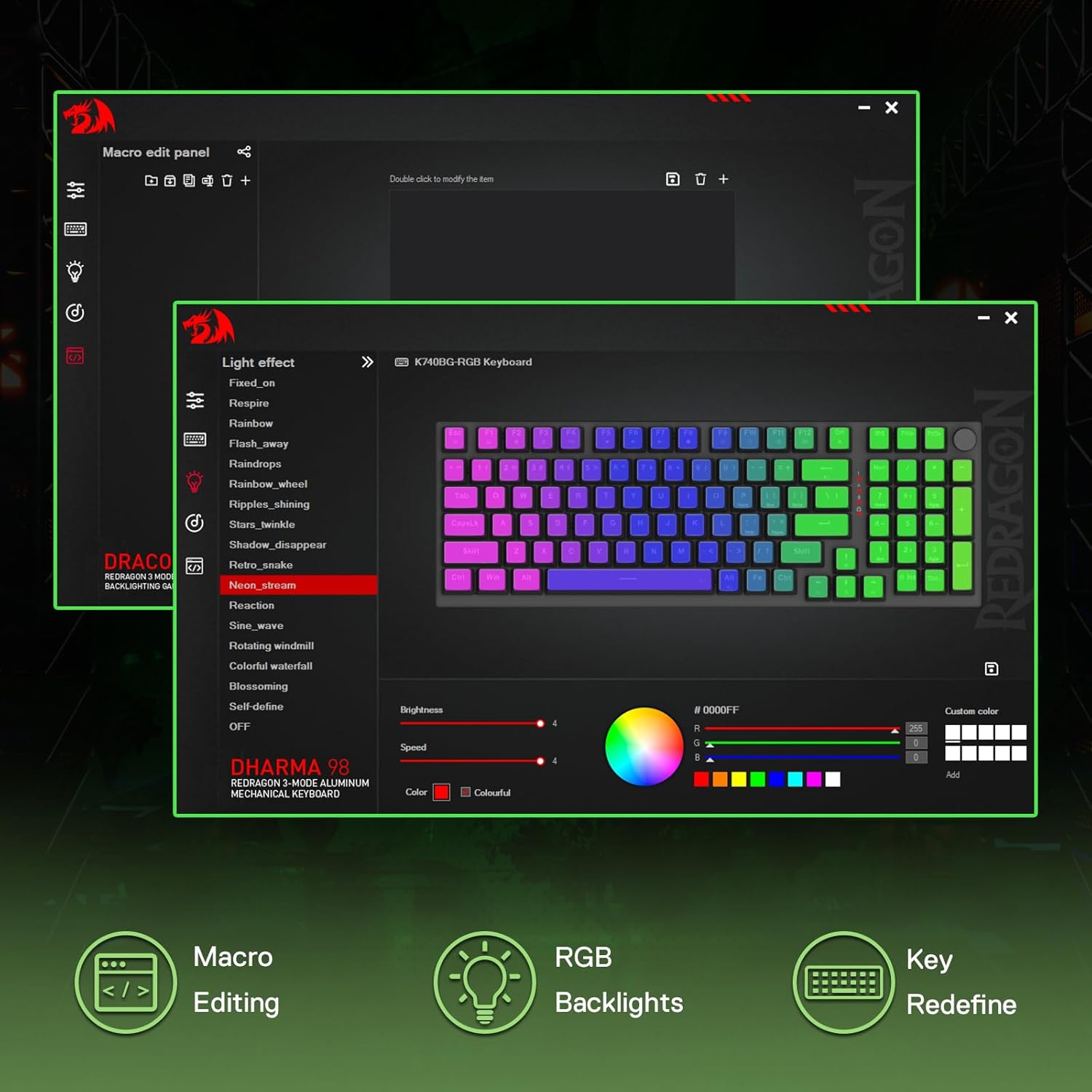 Redragon K740 Wired RGB Gaming Keyboard - Green Blaze