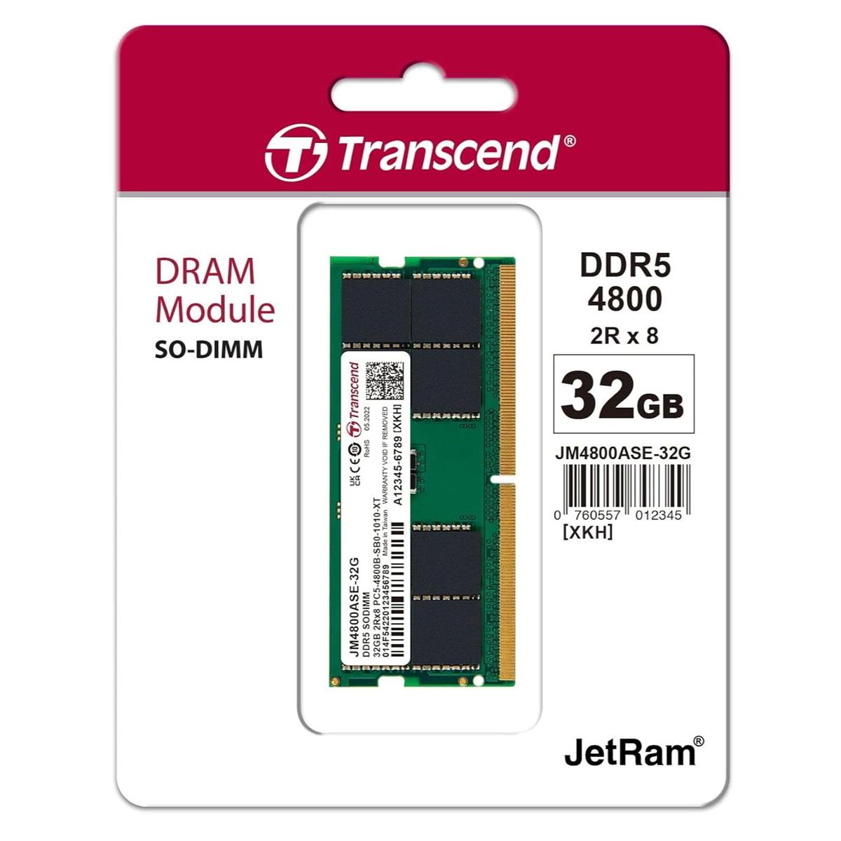 Transcend JetRam 32GB (1x32GB) 4800MHz C40 DDR5 SO-DIMM Laptop Memory