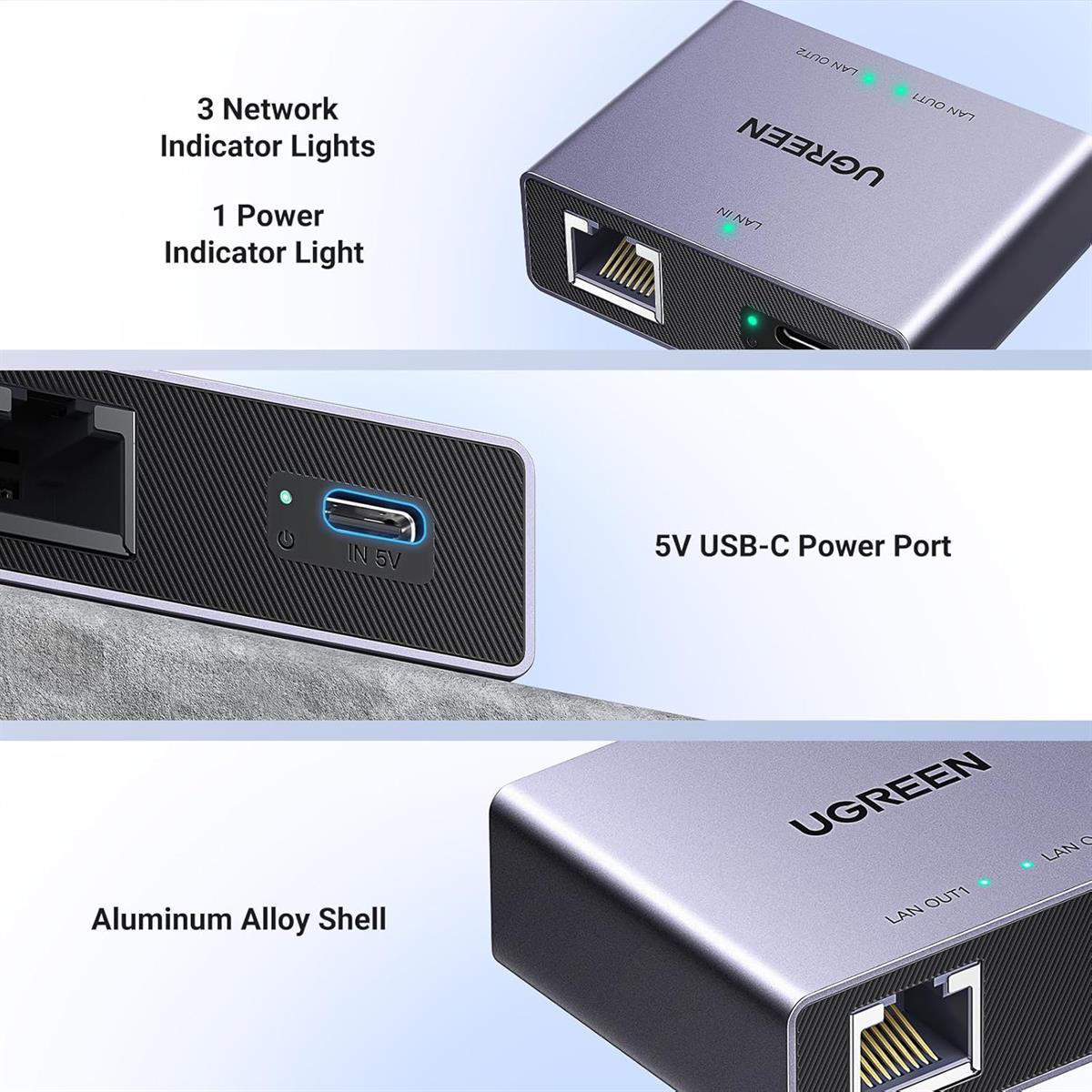 Ugreen 1000Mbps Ethernet Splitter 1 to 2, Plug and Play