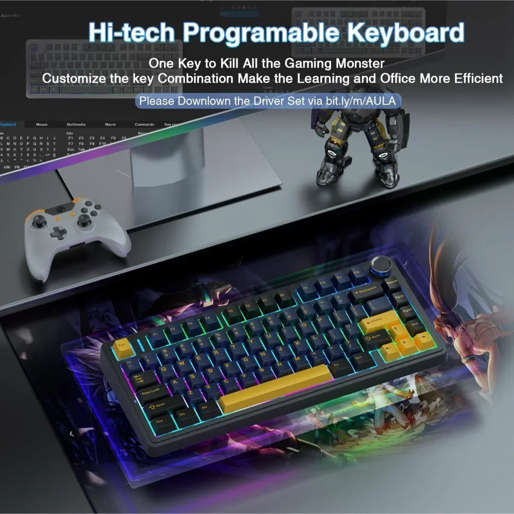 AULA F75 Tri-Mode Mechanical Gaming Keyboard - Thunder Black - Grey Wood Switch V3